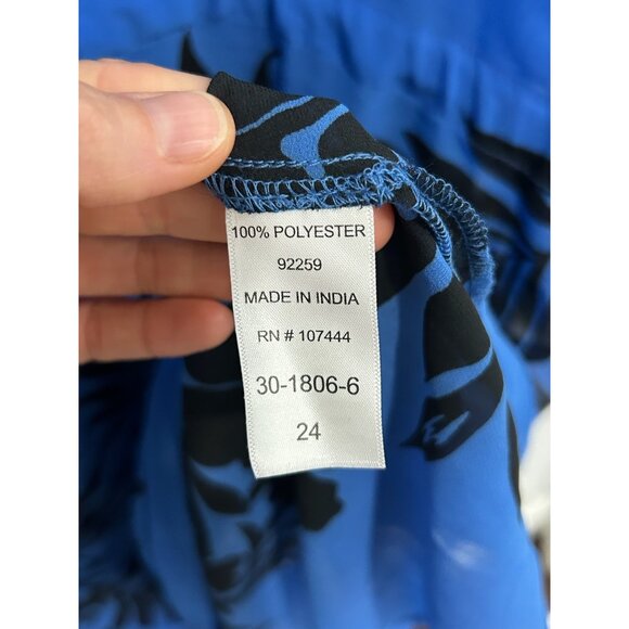 Jessica London Blue Sheer Tunic Top Black Floral Print Deep V Neck Size 24W - Picture 6 of 11